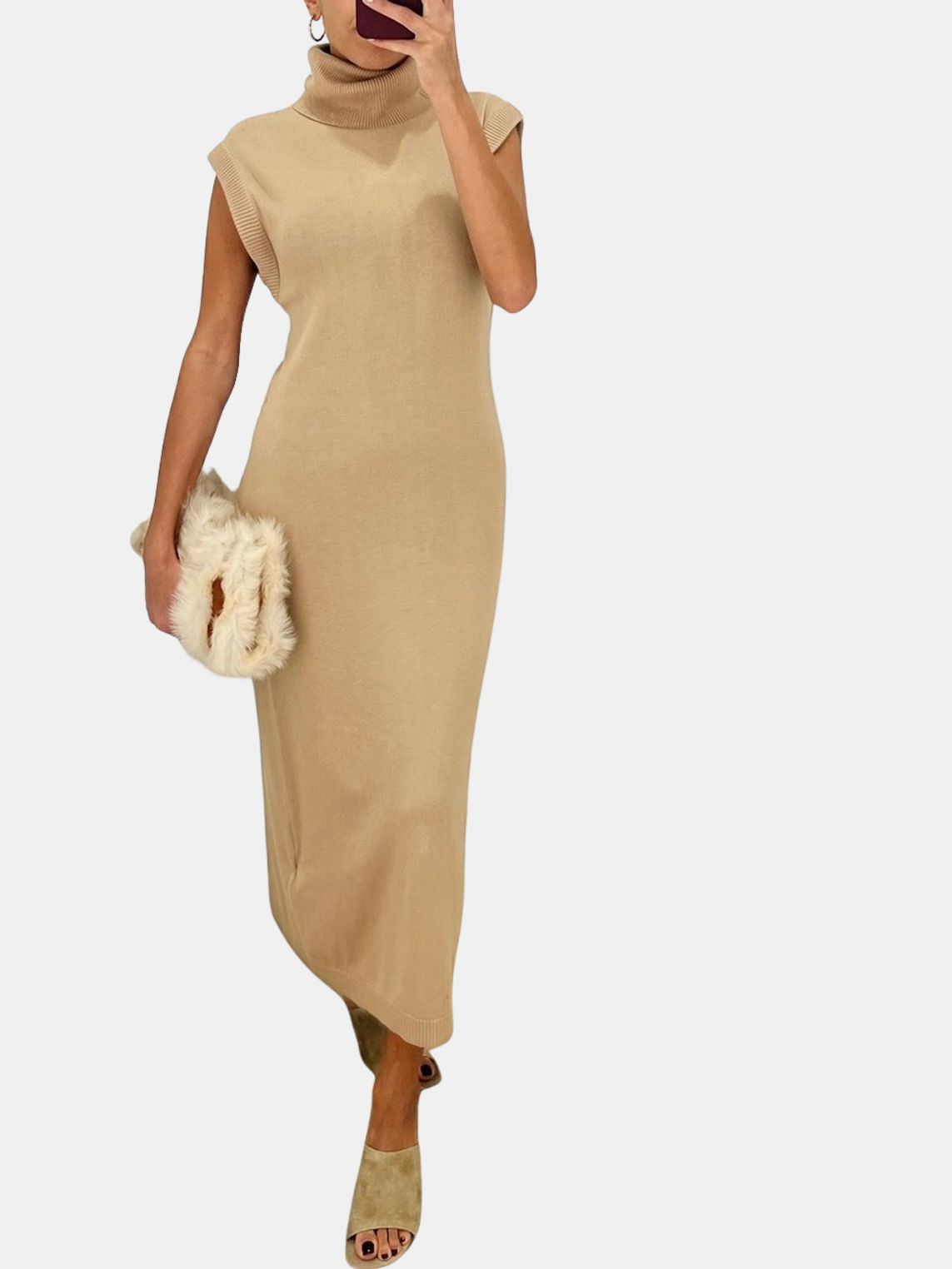 knee length dresses for ladies Yellow Dress, Mid Length Turtleneck Dress, Split Dress, Sleeveless Dress, Knitted Yellow Dress main image 0