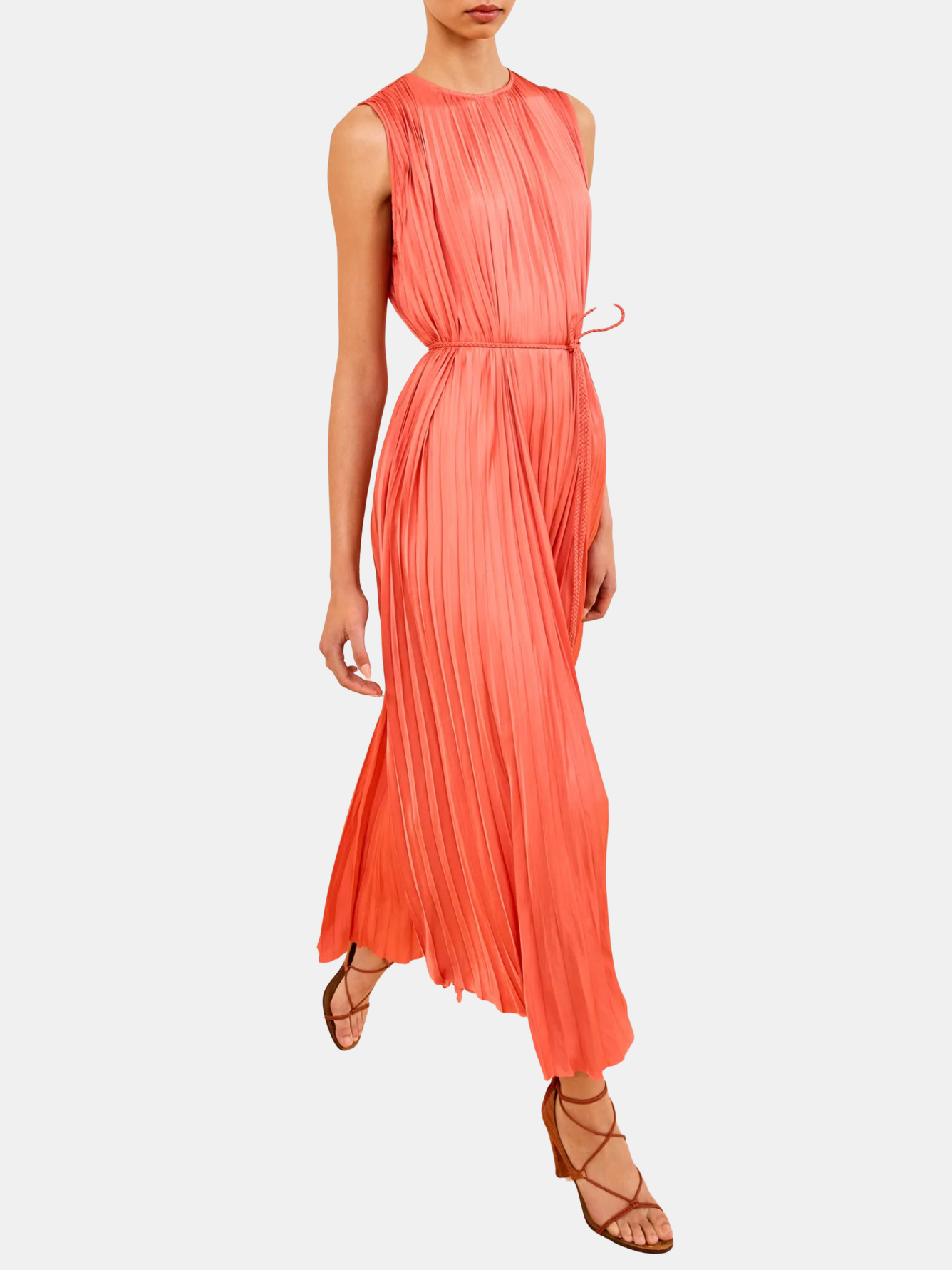 coral pleated midi dress AMUR Krisley Pleated Midi Dress in Spicy Coral