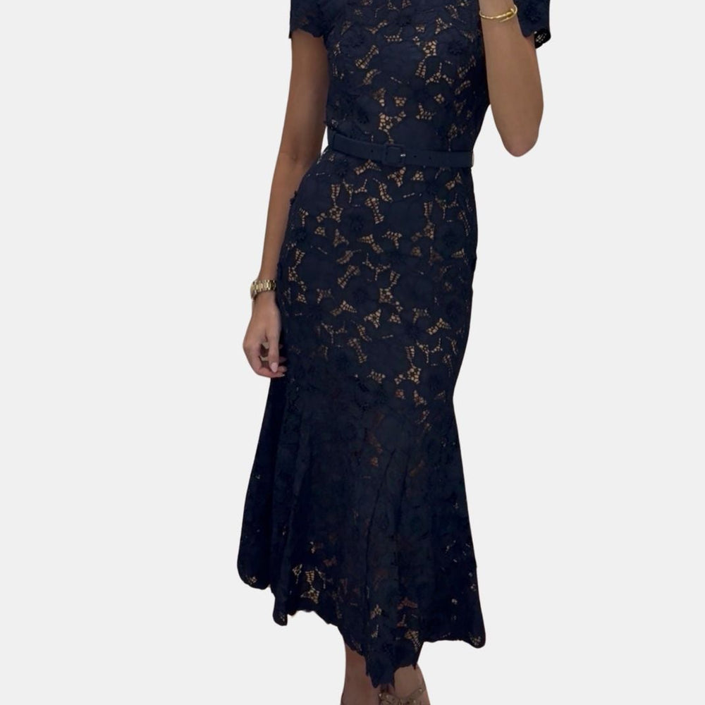 Navy Guipure Lace Midi Dress