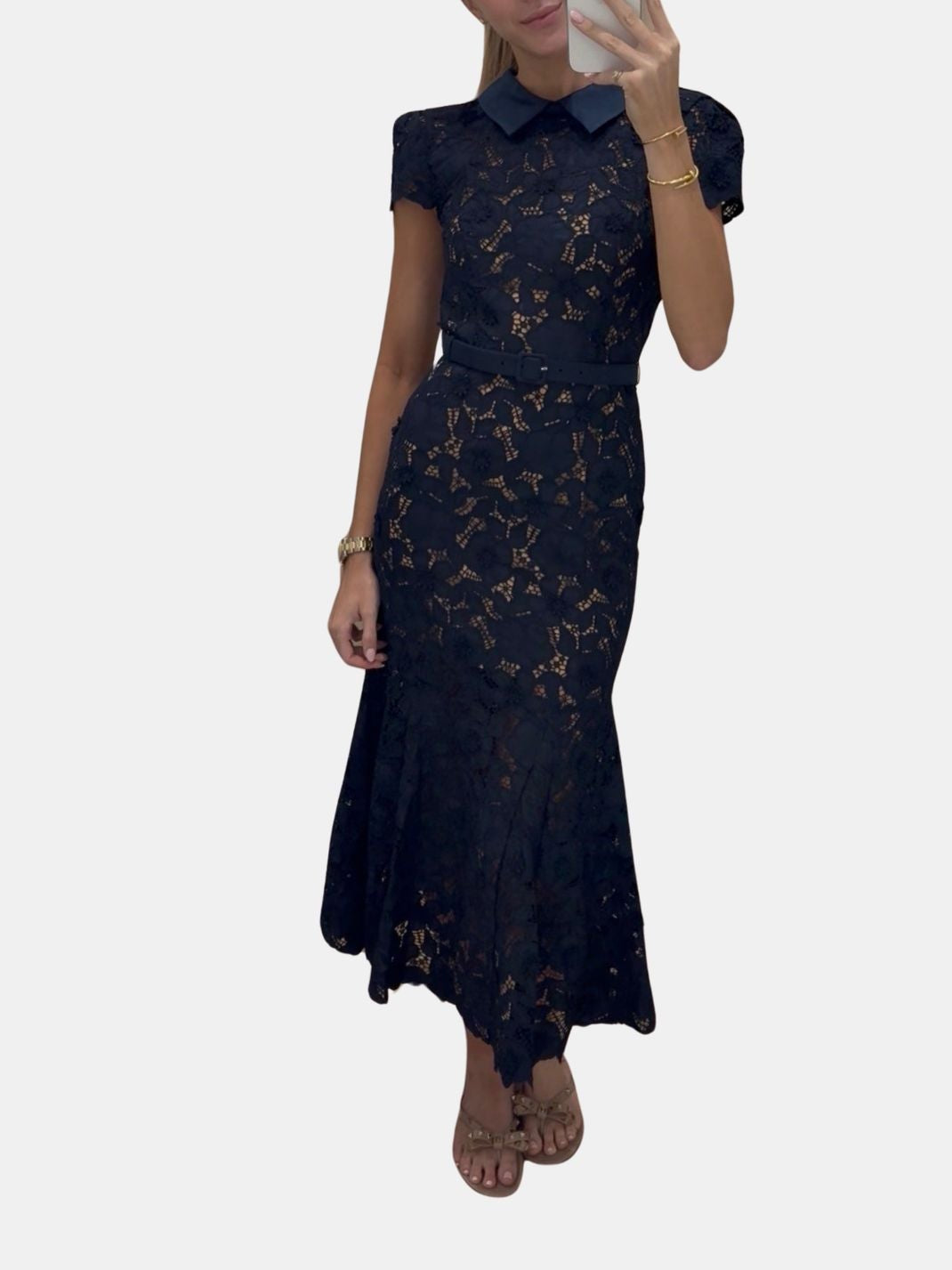 Navy Guipure Lace Midi Dress