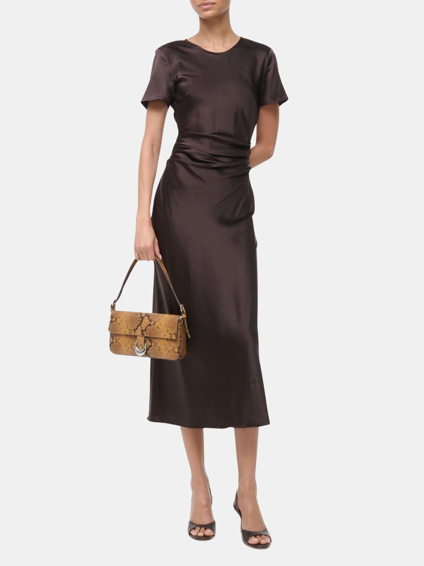 staud marcel silk dress STAUD Marcel ruched stretch-silk charmeuse midi dress