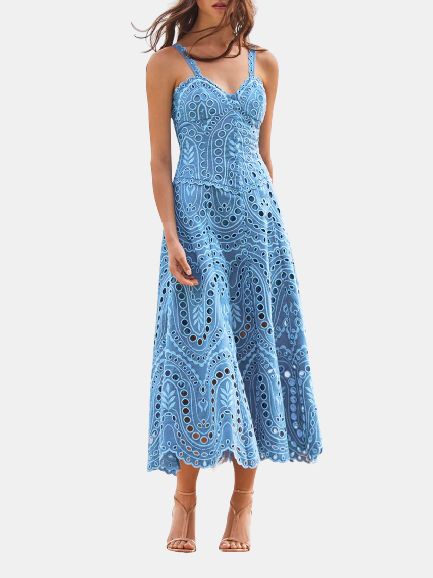 Charo Ruiz Ibiza Solace Blue Embroidered Bustier Midi Dress