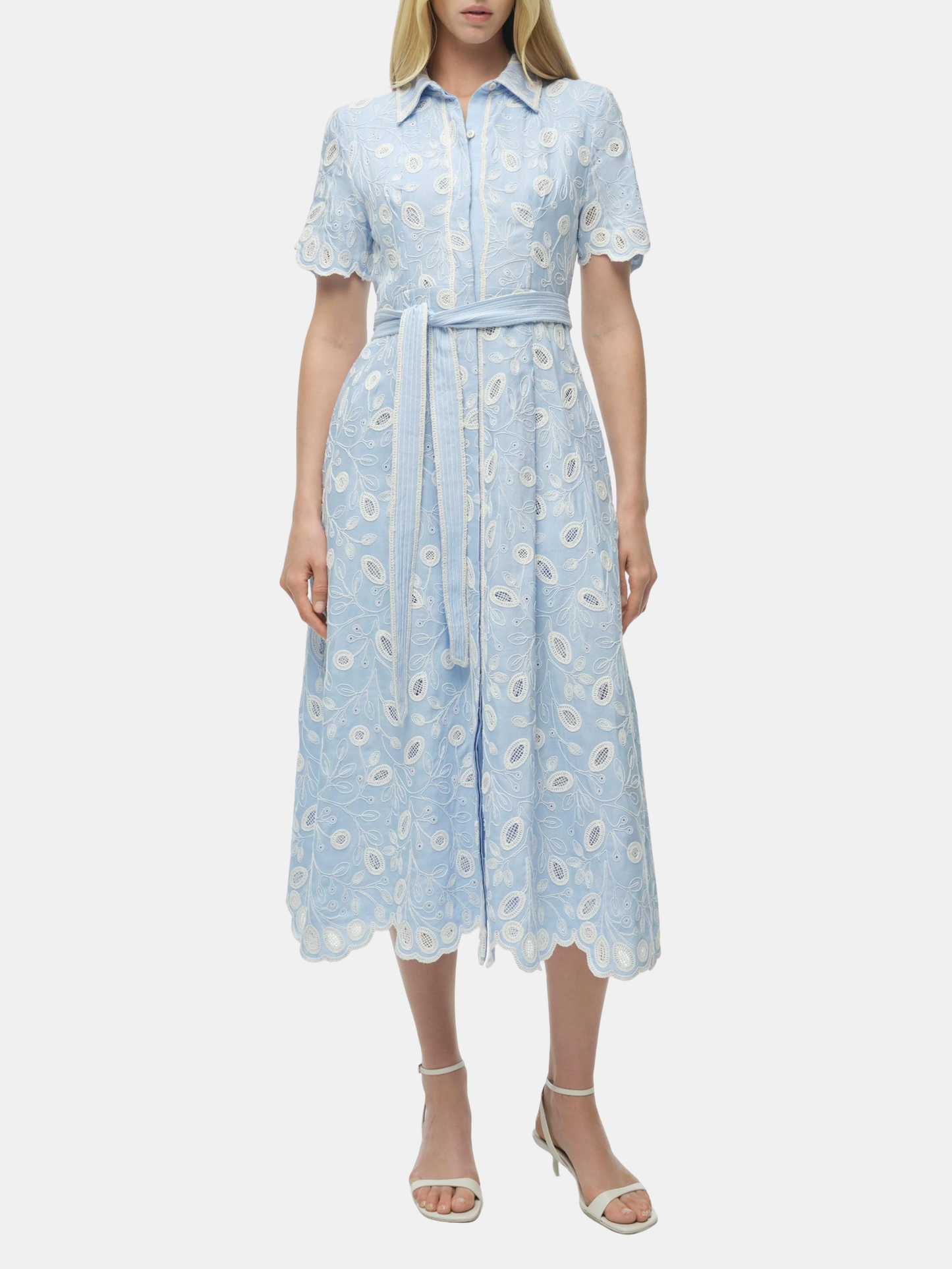 short sleeve belted midi dress Carolina Herrera Short-Sleeve Belted Cotton A-Line Midi Dress