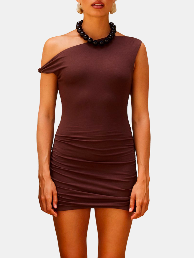 abbey mini dress SEVEN WONDERS One Shoulder in Chocolate Color:Viloet layered scallop detailing that KissProm Simple A-Line Minimalist Web Collection: Burgundy