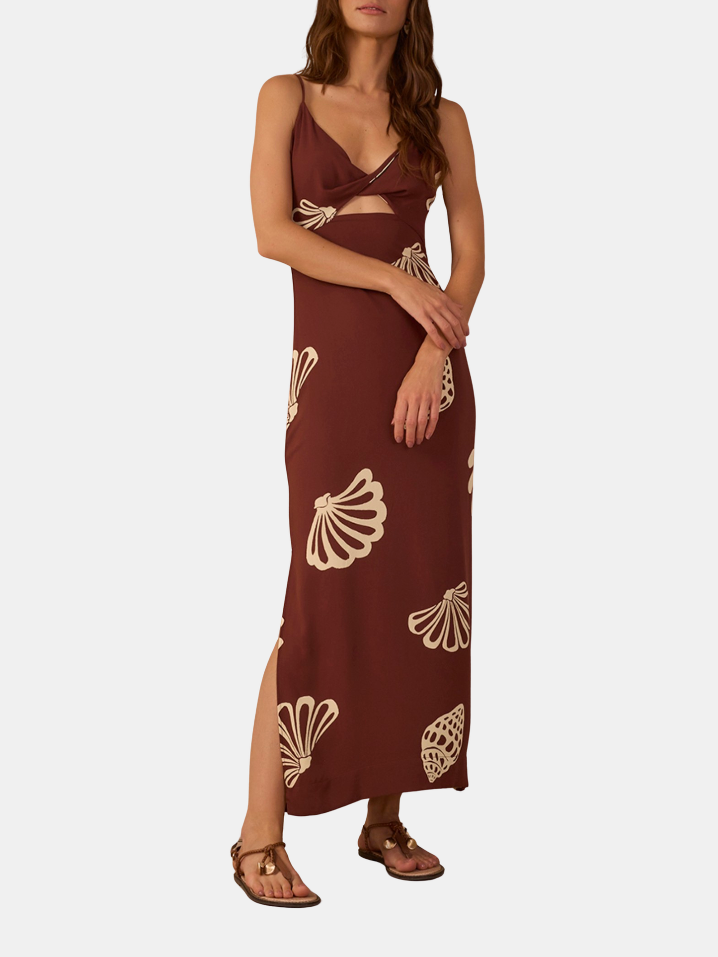 Brown Maritime Cut-out Smocked Maxi Dress Brown Multi / XS