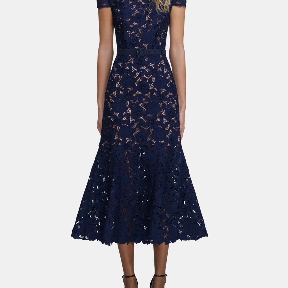 Navy Guipure Lace Midi Dress