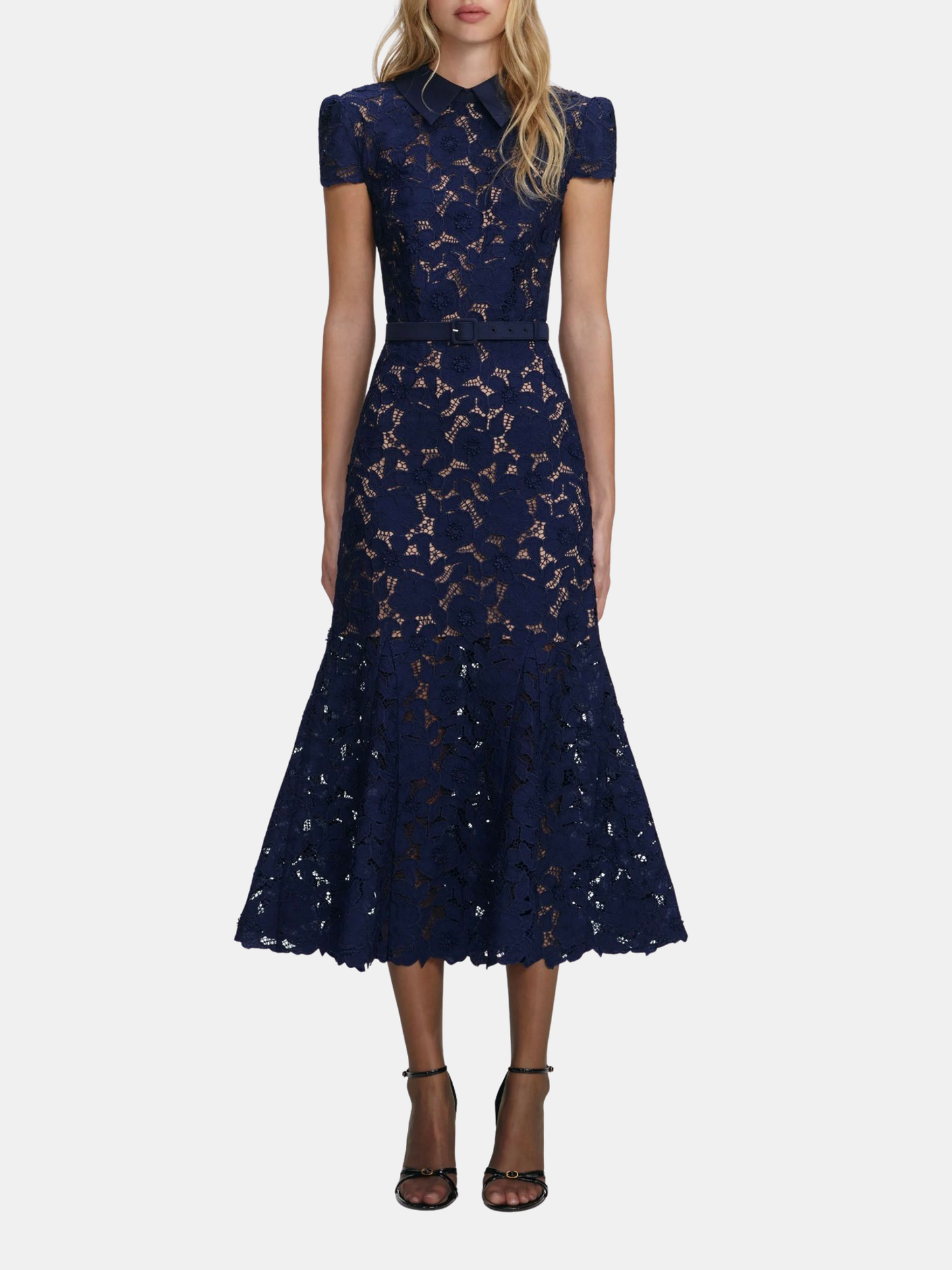 Navy Guipure Lace Midi Dress