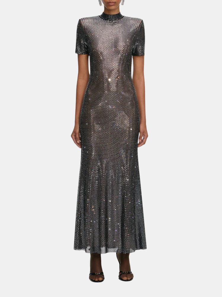 Gunmetal Rhinestone Mesh Midi Dress