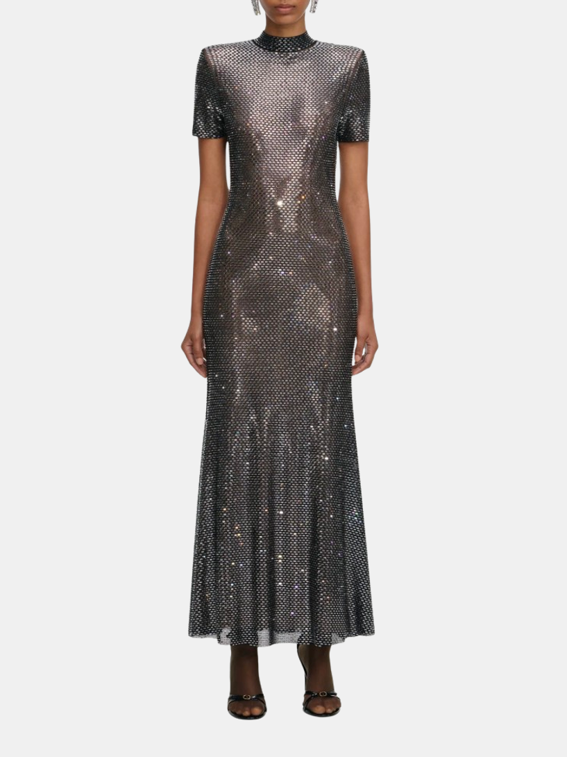 Gunmetal Rhinestone Mesh Midi Dress