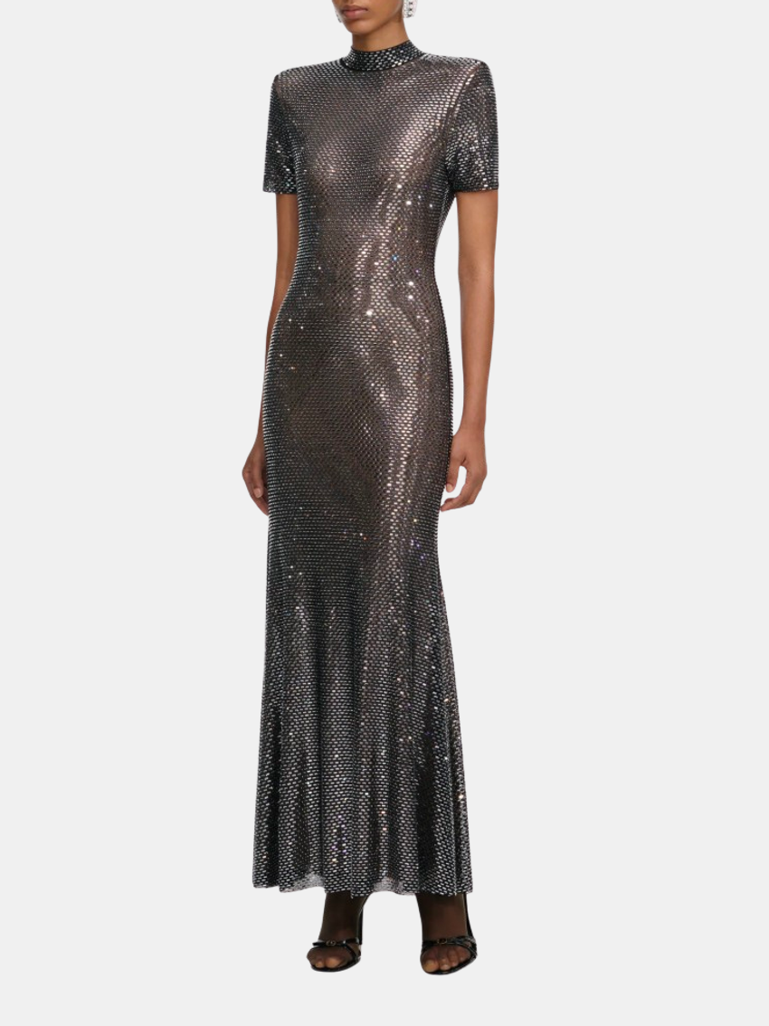 Gunmetal Rhinestone Mesh Midi Dress