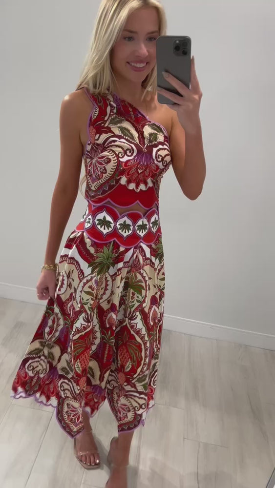 Odara Red Scallops Midi Skirt