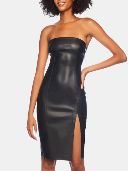 Faux Leather Tube Slit Dress